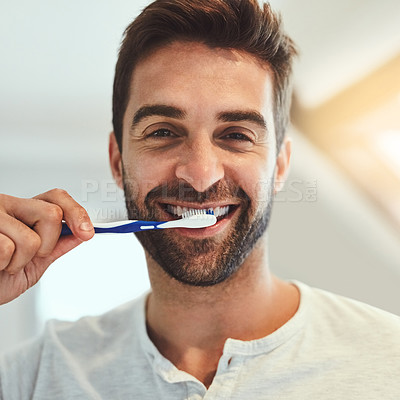 Buy stock photo Cleaning, portrait and brushing teeth with man in bathroom for dental, morning routine and oral hygiene. Smile, cosmetics and health with person and toothbrush at home for self care, breath and mouth