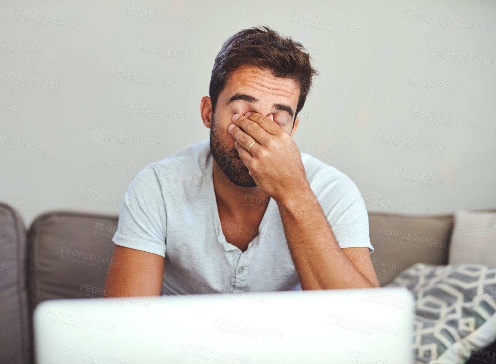 Buy stock photo Remote work, laptop or man with stress headache on sofa overwhelmed by bad news, feedback or deadline at home. Freelance, mistake or telework consultant frustrated by pc glitch 404 disaster in house