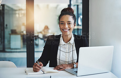 Buy stock photo Business woman, portrait and writing in a office with planning notes and corporate laptop. Female person, employee and work planner book with company paperwork and online for professional project
