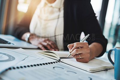 Buy stock photo Business woman, hands and writing in a office with planning notes and corporate notebook. Female person, employee and work planner book with company paperwork and charts for professional project