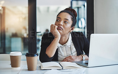 Buy stock photo Bored, tired and businesswoman with a laptop in office while working on corporate project. Thinking, lazy and professional female employee with coffee, notebook and computer for research in workplace