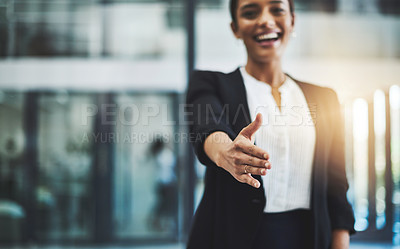 Buy stock photo Hiring, success or happy businesswoman shaking hands in b2b meeting for project or contract agreement. Smile, handshake zoom or worker with job promotion, deal negotiation or partnership opportunity 