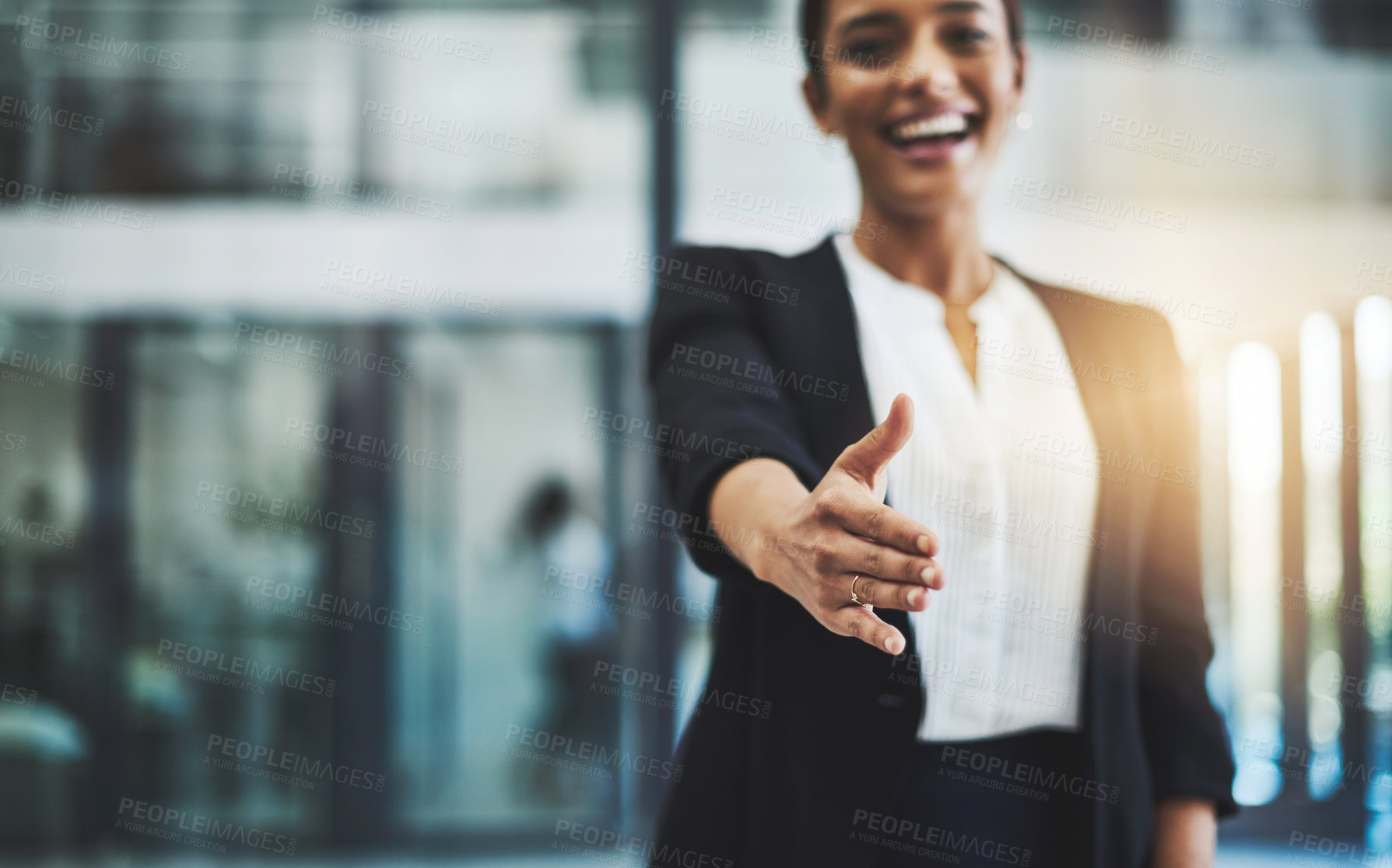 Buy stock photo Hiring, success or happy businesswoman shaking hands in b2b meeting for project or contract agreement. Smile, handshake zoom or worker with job promotion, deal negotiation or partnership opportunity 