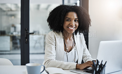 Buy stock photo Portrait of a young businesswoman working and in good spirits at her office desk