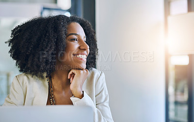 Buy stock photo Shot of a young businesswoman smiling and looking out of a window in her office
