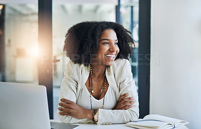 Buy stock photo Business, thinking and black woman with laptop, inspiration and online reading for choice, decision and lens flare. African person, startup and copywriting consultant with pc or problem solving