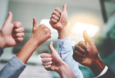 Buy stock photo Thumbs up, success and yes with hands of business people in office for agreement, winner and teamwork. Emoji, support and community with group of employees for goals, thank you and motivation