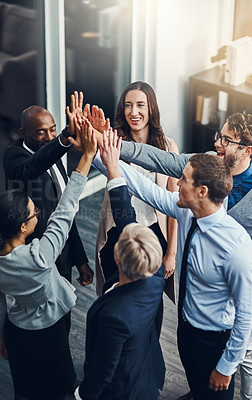 Buy stock photo Motivation, high five and success with business people in office for support, winner and teamwork. Collaboration, diversity and community with group of employees for solidarity, target and goals