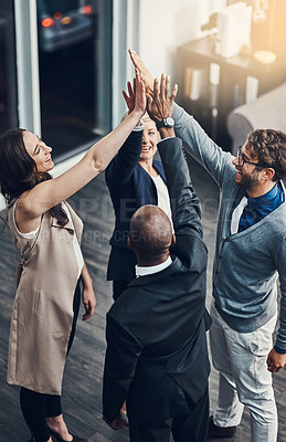 Buy stock photo Teamwork, high five and success with business people in office for support, winner and motivation. Collaboration, diversity and community with group of employees for solidarity, target and goals