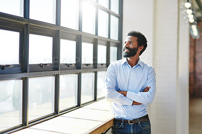 Buy stock photo Window, thinking and a business man arms crossed in the office with a smile or vision of future success. Happy, idea and corporate with a male employee standing in the workplace during his break