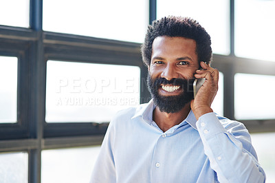 Buy stock photo Portrait, smile and phone call with a business man in the office closeup for communication or networking. Happy, face and mobile contact with a male employee in the workplace during his break