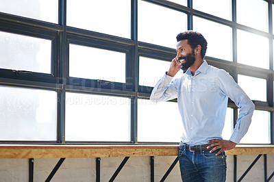 Buy stock photo Window, phone call and a happy business man thinking in the office with a smile or mindset of future success. Idea, vision and communication with a male employee talking at work during his break