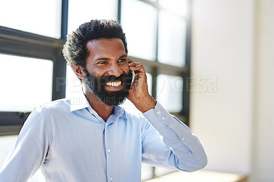 Buy stock photo Thinking, smile and phone call with a business man at work for communication or negotiation. Idea, mobile contact and chatting with a happy male employee networking in the workplace during his break