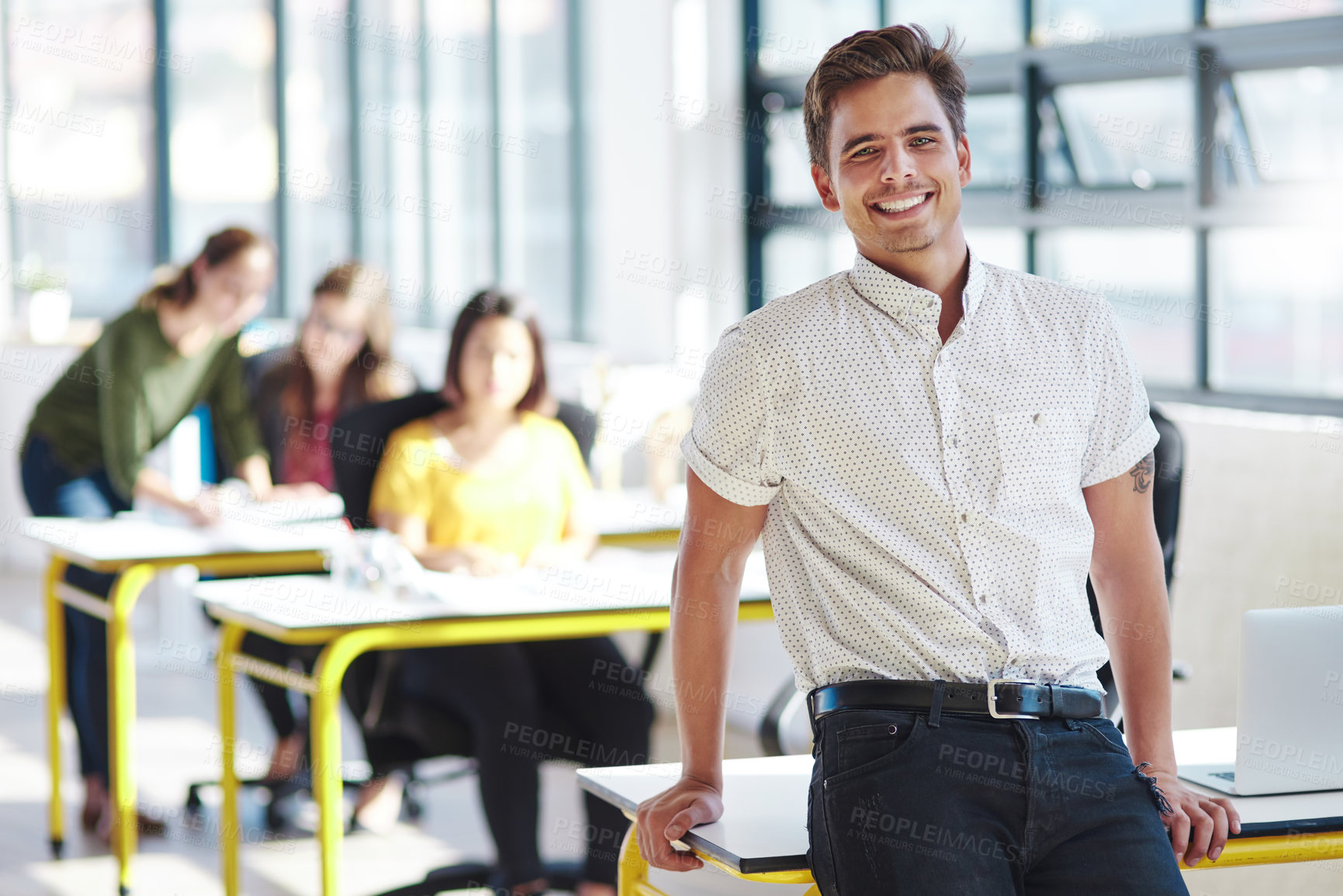 Buy stock photo Man, portrait and office on desk, smile and staff for web design, arms crossed and happy. Businessman, management and startup creative agency for employee, workshop and company workforce goal