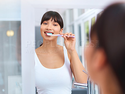 Buy stock photo Woman, brush and teeth in bathroom with mirror for dental in portrait with confidence for health. House, smile and self care with pride for clean mouth in morning with hygiene for routine with fresh