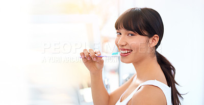 Buy stock photo Woman, portrait and toothbrush for hygiene in bathroom, oral and dental care on morning routine. Female person, smile and cleaning mouth in home, teeth whitening and cosmetics for wellness or health