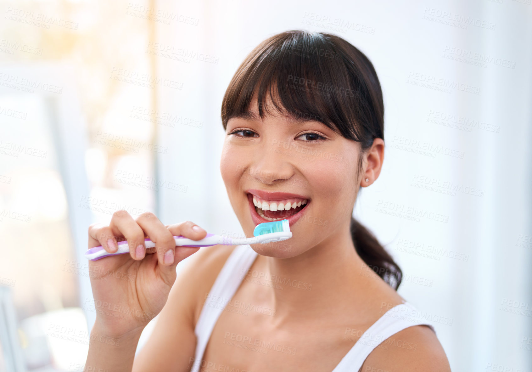 Buy stock photo Woman, portrait and toothbrush for grooming in bathroom, oral and dental care on morning routine. Female person, smile and cleaning mouth in home, teeth whitening and cosmetics for hygiene or health