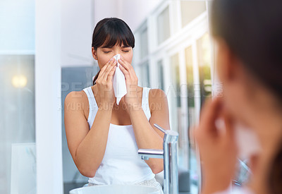Buy stock photo Woman, sick and allergies in bathroom for healthcare, virus and illness in morning for weather change. Asian female person, cough and tissue for sneezing, flu and reflection of medical problem.