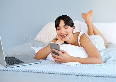 Buy stock photo Woman, bed or phone to relax, laptop or social media by thinking, ebook or communication online. Happy, girl or search of idea, vision or planning of internet, post or update of news app on mockup