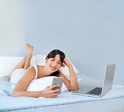 Buy stock photo Girl, bed or phone to relax, happy or social media by thinking, ebook or web streaming subscription. Laptop, woman or search of vision, idea or planning of download, post or update of app on mockup