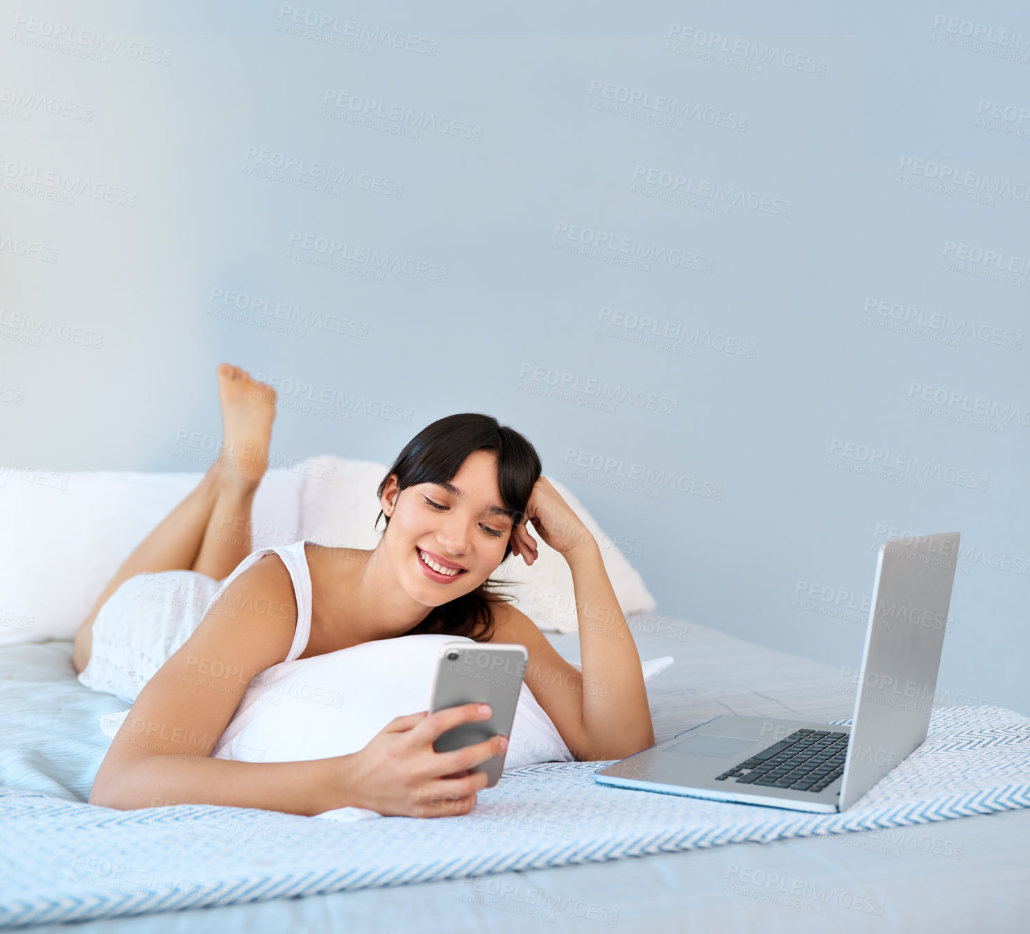 Buy stock photo Girl, bed or phone to relax, happy or social media by thinking, ebook or web streaming subscription. Laptop, woman or search of vision, idea or planning of download, post or update of app on mockup
