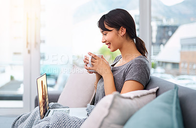 Buy stock photo Laptop, coffee or girl streaming movie to relax in living room for online subscription, film or video. Drinking tea, smile or happy woman watching series on sofa for entertainment, comedy or break