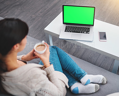 Buy stock photo Laptop, coffee or girl with movie green screen to relax in lounge for online subscription, film or video. Drinking tea, above or woman watching series in home for streaming, mockup space or break
