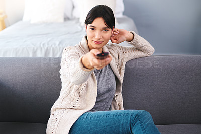 Buy stock photo Watching tv, portrait of happy woman with remote and in bedroom of their home. Entertainment or comfortable relaxation, news or television and cheerful female person streaming movie or series