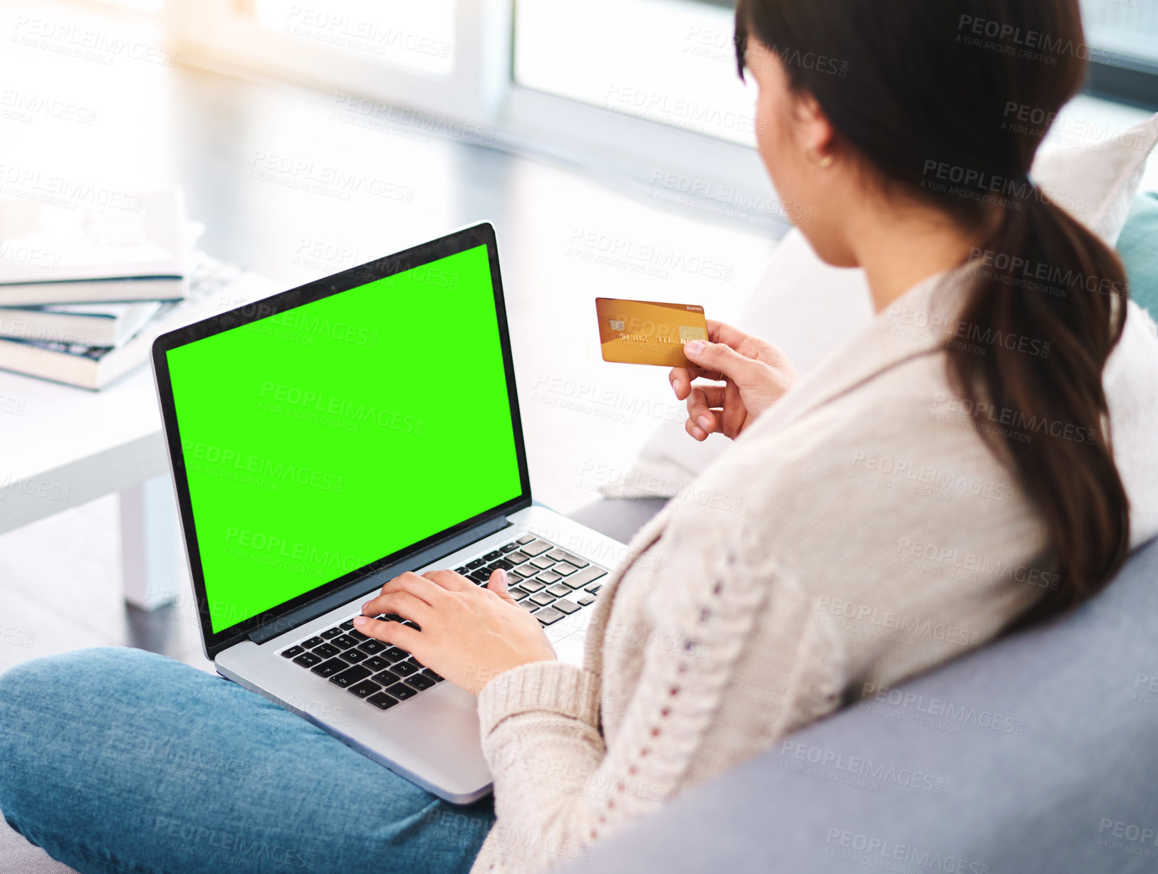 Buy stock photo Credit card, green screen or girl on laptop in home for ecommerce sale on digital fintech website. Mockup space, payment or woman typing financial info for online shopping ads or internet banking