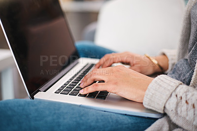 Buy stock photo Laptop, hands and woman typing in apartment for online research with work from home creative job. Technology, keyboard and female freelance copywriter with website or internet project in house.