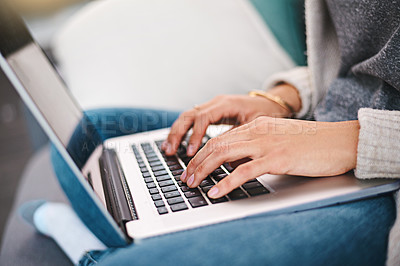 Buy stock photo Computer, hands and woman typing in apartment for online research with work from home creative job. Laptop, keyboard and female freelance copywriter with website or internet project in house.