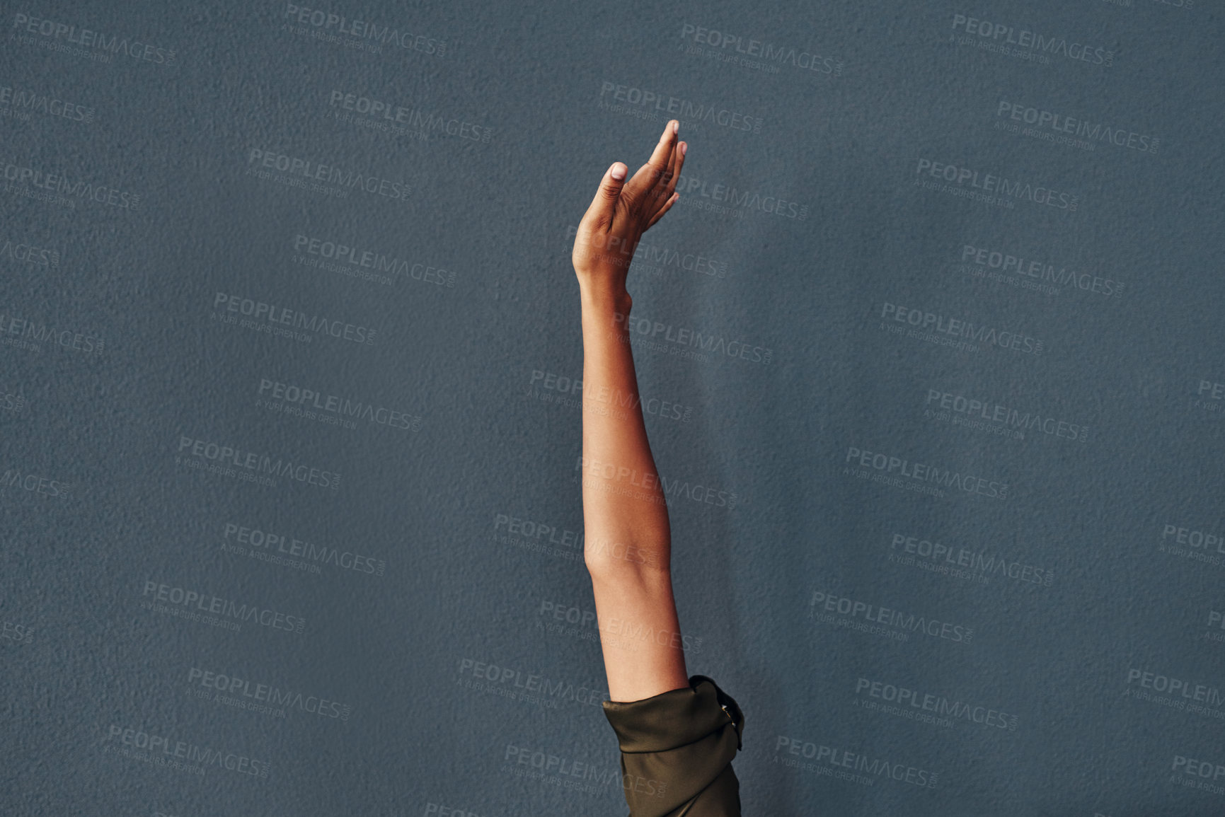 Buy stock photo Gray background, palm and hand of person in studio raised for question, suggestion and answer. Mockup space, reaching and isolated arm with signal or gesture for volunteering, asking and opinion