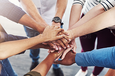 Buy stock photo Business team, hands together and staff with collaboration, support and community. Diversity, worker friends and group with achievement, solidarity and agreement hand sign for teamwork success
