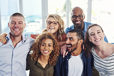 Buy stock photo Business, friends portrait and hug in a office with a smile from copywriter teamwork and collaboration. Diversity, happiness and writer staff together and feeling proud from motivation and success