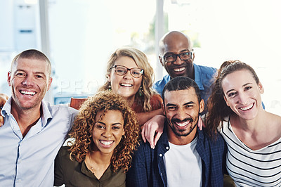 Buy stock photo Happy people, business portrait and hug in a office with a smile from copywriter teamwork and collaboration. Diversity, happiness and writer staff together proud from motivation, trust and success
