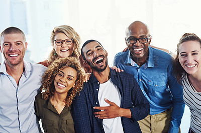 Buy stock photo Business people, laugh portrait and hug in a office with a smile from friends teamwork and collaboration. Diversity, happiness and  staff together proud from funny motivation and workforce group