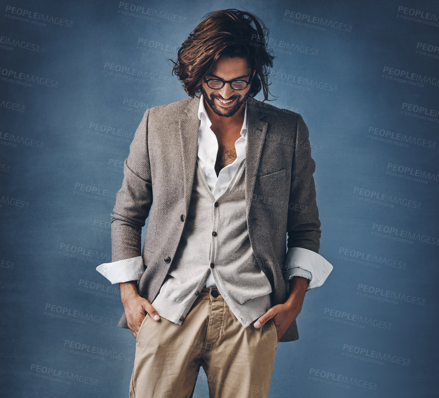 Buy stock photo Business, man and thoughts with smile in studio for fashion or corporate career with executive look for manager roll or supervisor. Person, trendy and stylish on dark background, thoughts and glasses