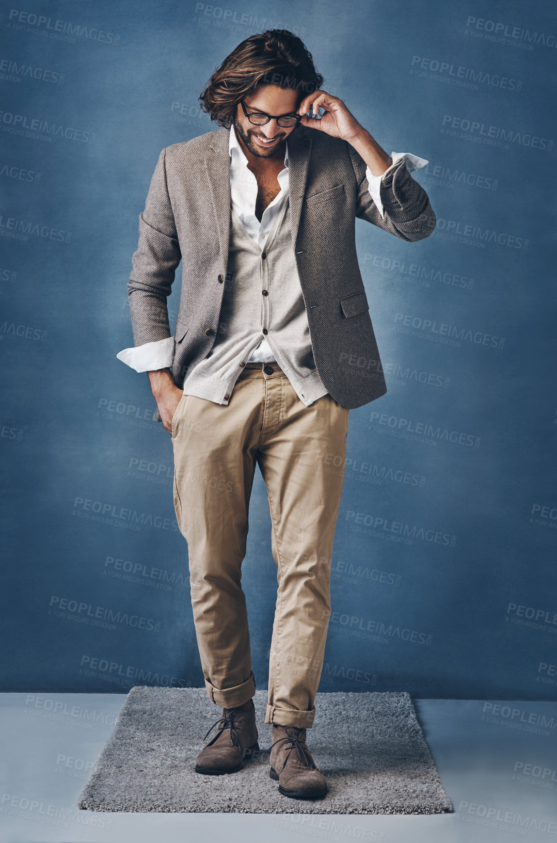 Buy stock photo Businessman, thinking and glasses on dark background for fashion or corporate career with executive look for manager roll or supervisor. Man, trendy and stylish in studio, happy and confident.