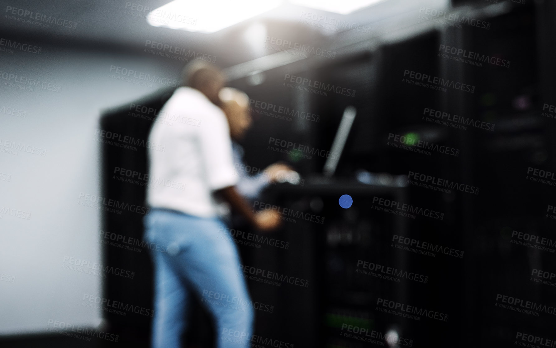 Buy stock photo Server room, people or technicians blur on computer together for a cybersecurity glitch with teamwork. Blurry IT support code, collaboration or engineers fixing network for information technology 