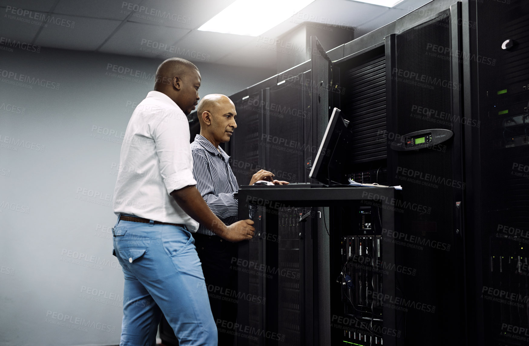Buy stock photo Server room, people or technician coding on computer together for a cybersecurity glitch with teamwork. IT support code, collaboration or engineers fixing laptop network for information technology 