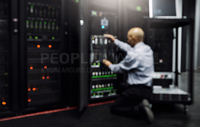 Buy stock photo Control room, hardware or technician fixing machine for online cybersecurity glitch or servers system. IT support, data center or blurry engineer working on inspection for information technology