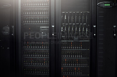 Buy stock photo Cropped shot of industrial computers in the server room of a data center