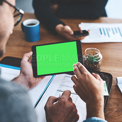 Buy stock photo Green screen, copyspace and chromakey on a tablet screen in the hands of a business man sitting in the boardroom during a meeting. Talking and planning for marketing, advertising and online promotion