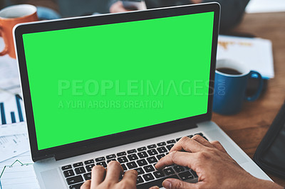 Buy stock photo Green screen, copyspace and chromakey on a laptop of a business person typing an email, browsing the internet and planning. Closeup of employee designing a website and searching the web online