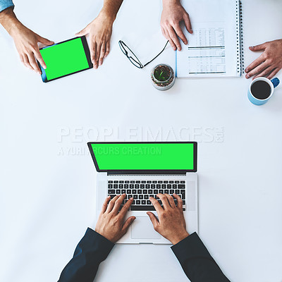 Buy stock photo Businesspeople on tablet and laptop with green screen showing marketing, advertising or copyspace from above. Top of hands typing, using wireless tech for online app, website or new modern software
