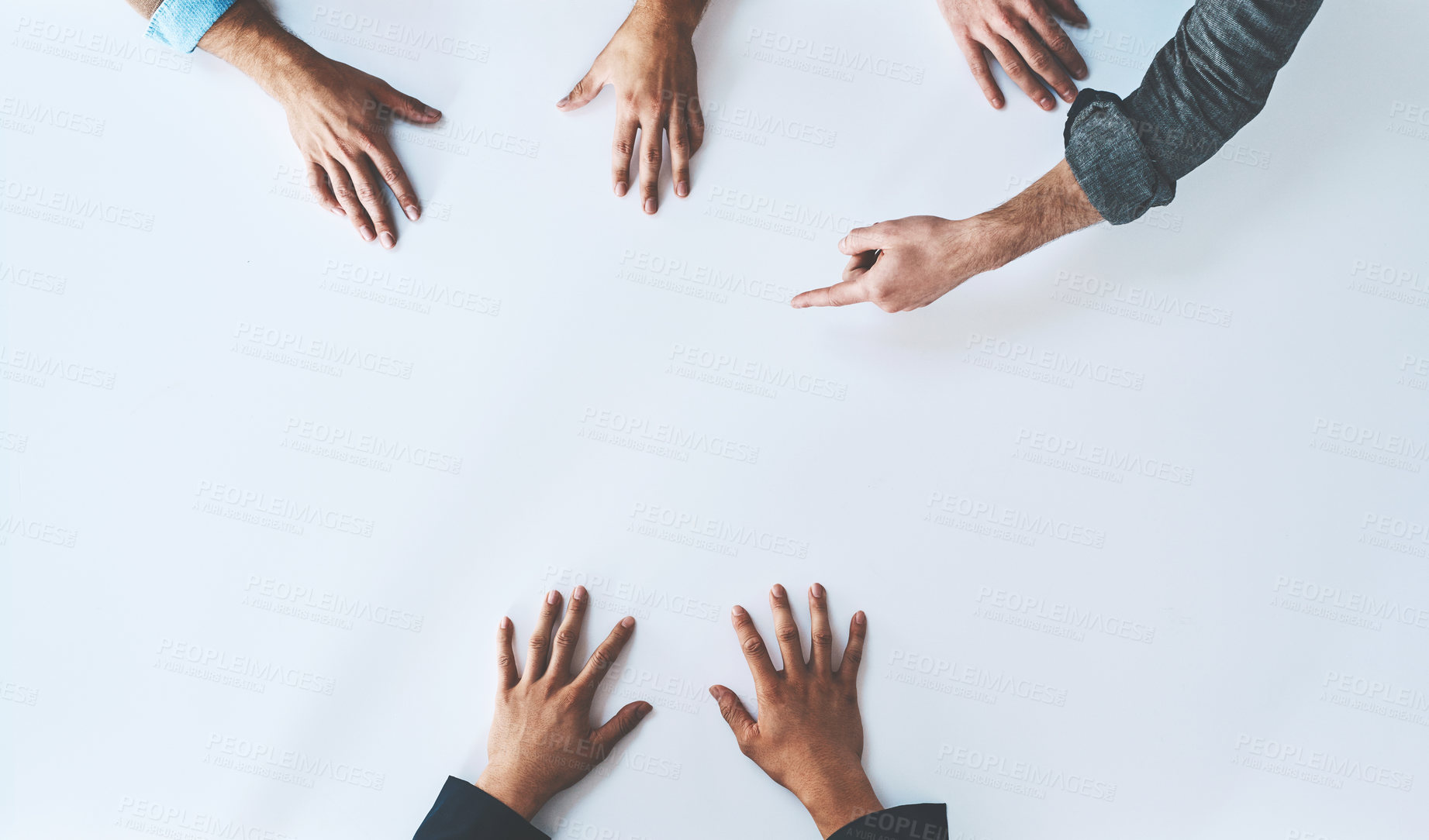 Buy stock photo Mockup, pointing and lawyer team planning law strategy or court case together for teamwork or collaboration. Brainstorming, discussion and hands of corporate people in a meeting for evidence review