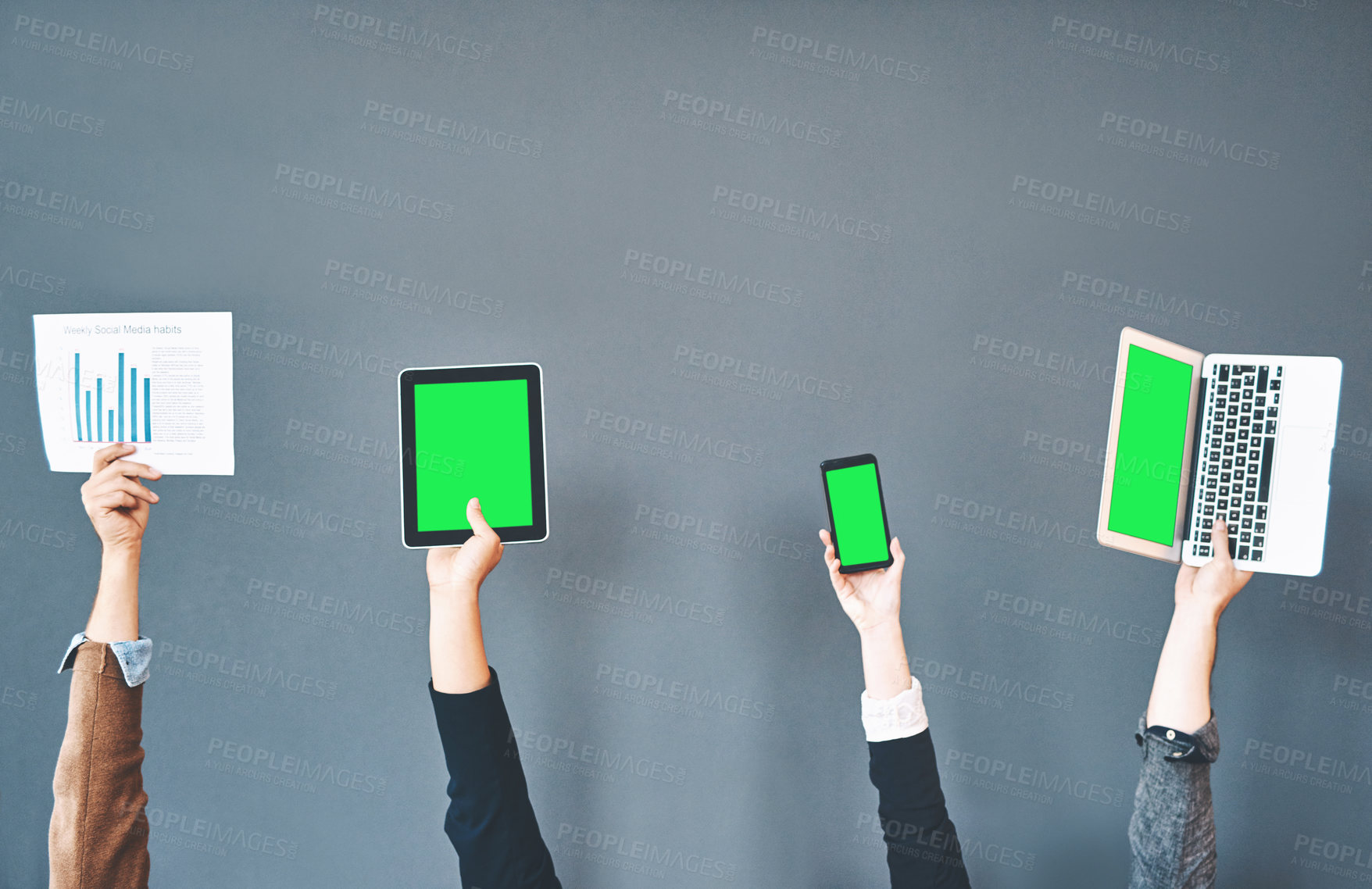 Buy stock photo Green screen, copy space and chroma key on phone, laptop and tablet for data analysis website, marketing and promotion. Hands of group of marketing agents using paperwork for social media advertising