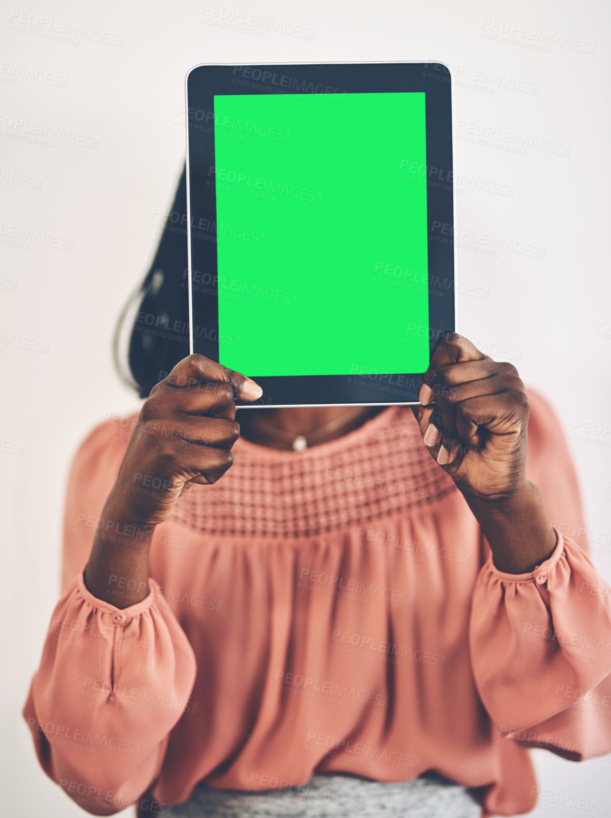 Buy stock photo Green screen, tablet and hands of woman in studio with space for social media, chat or streaming on white background. Digital, mockup and model show app for elearning, registration or sign up service