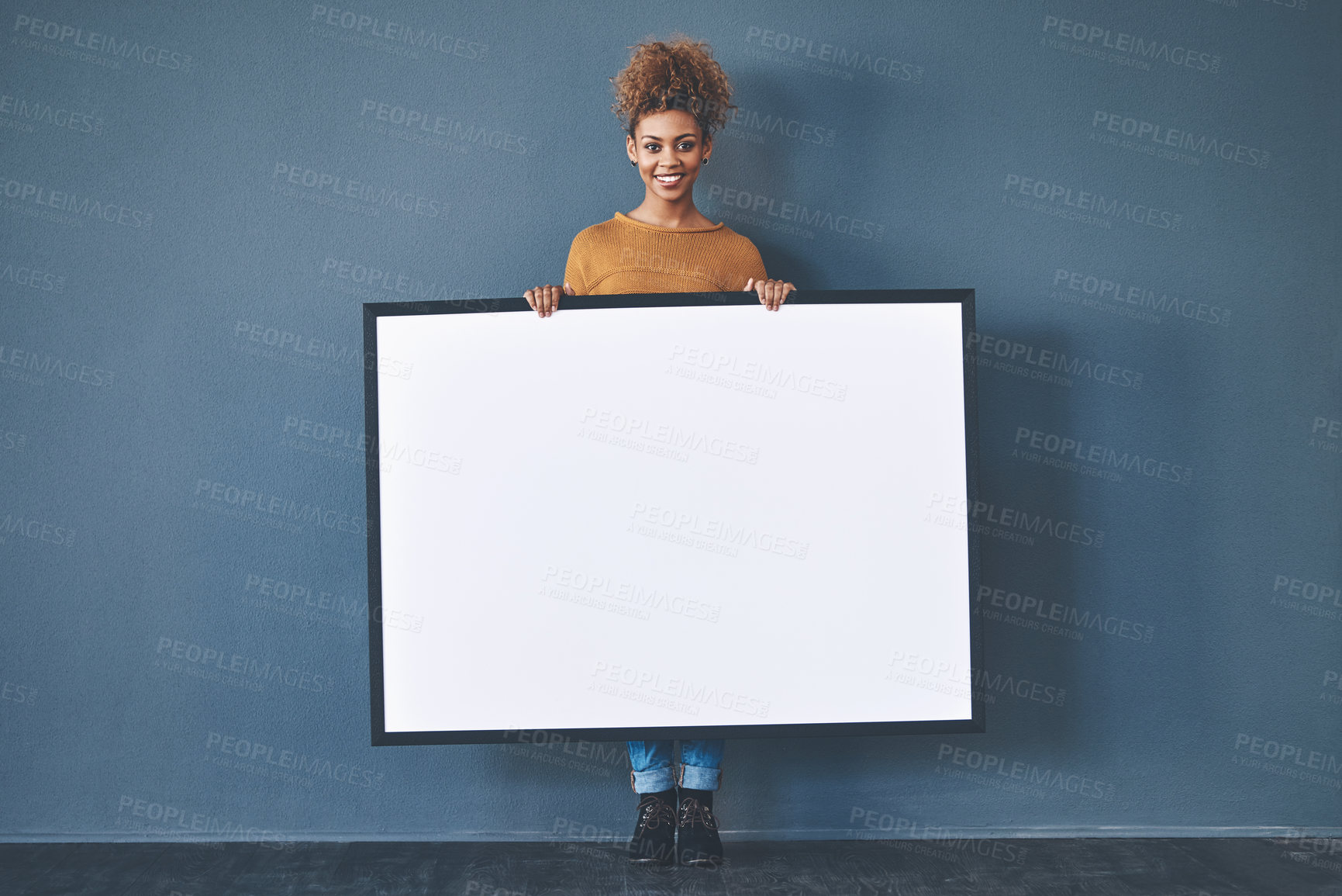 Buy stock photo A sign, board and poster with blank copyspace sharing creative opinions for communication messages on a whiteboard. Voicing ideas and advertisement announcements, woman holding an empty board.