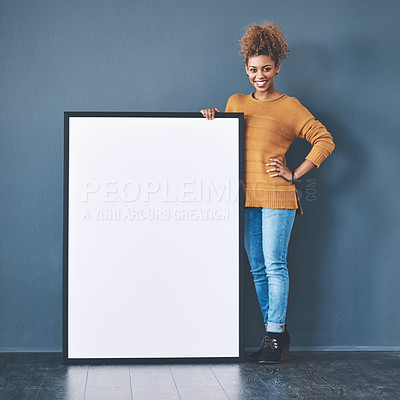 Buy stock photo Marketing, poster and blank board with copy space being held by happy African woman sharing a banner for networking and advertising. Cheerful woman showing empty placard for logo design